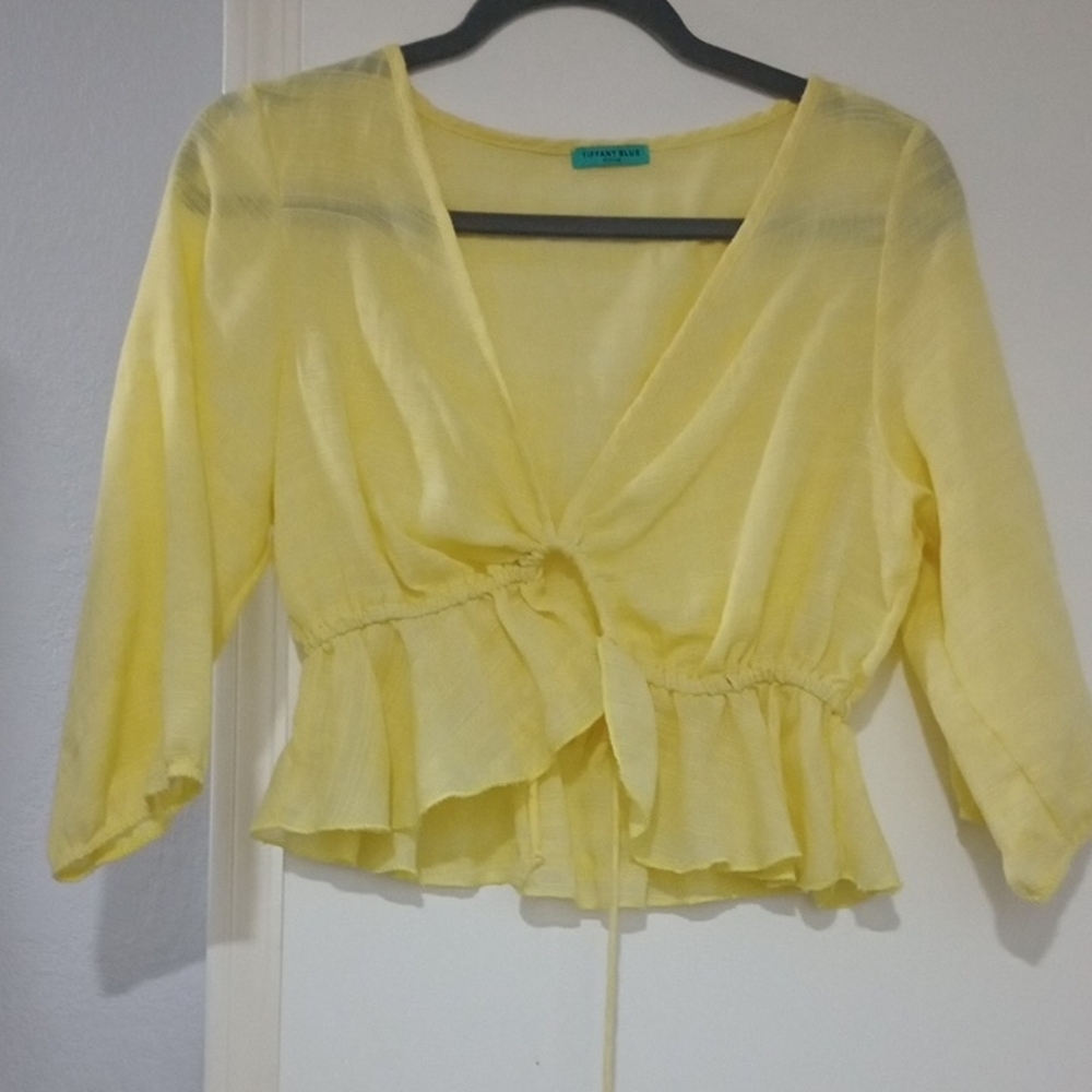 Tiffany Blue Yellow Tie-Front Peplum Blouse - Lightweight V-Neck Size Medium
